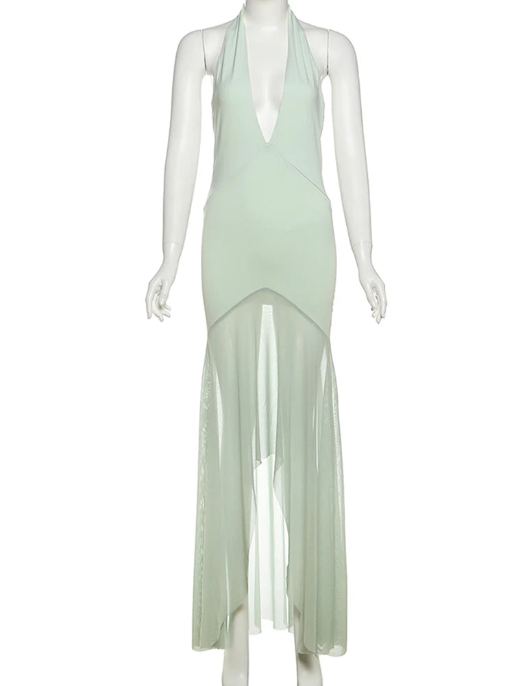 Nibber Vacation Patchwork Mesh Dress Women Halter Backless Deep V-Nec Sexy Irregular Hem Birthday Party Elegant Slim Vestidos