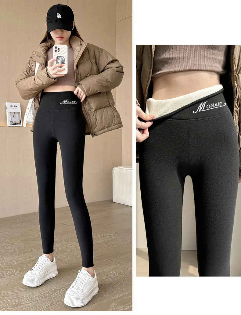 Winter Cashmere Leggings Women Solid Warm Leggings High Waist Slim Stretchy Pants Big Size Adding Velvet and Thickening Pants