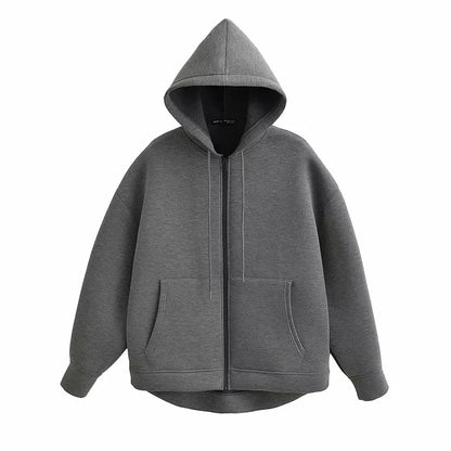 Autumn Women Gray Jacket with Hood Long Sleeve Big Pocket Zipper Jacket Coat Woman Loose Casual Outerwear Coat Tops