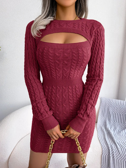 VigoCasey 2025 Blue Casual Short Knit Dress Autumn Winter Women Long Sleeve Dress Sexy Lady Solid Hollow Bodycon Knitted Dresses