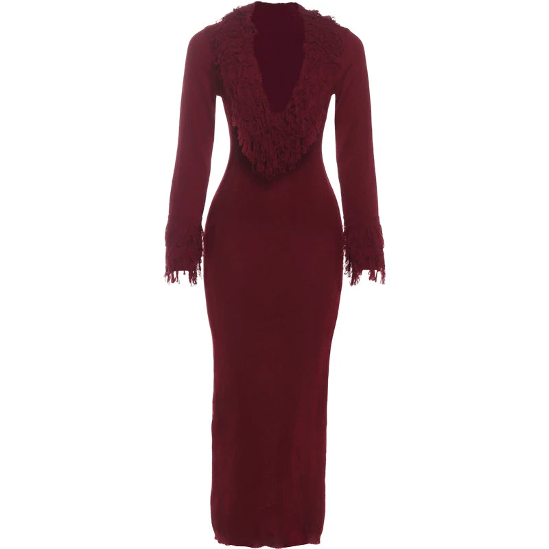 Cutenew Knit Deep V-Neck Furry Tassel Dress Women Winter Trend Sexy Elegant Peach Hip Christmas Party Stretch Slim Bodycon