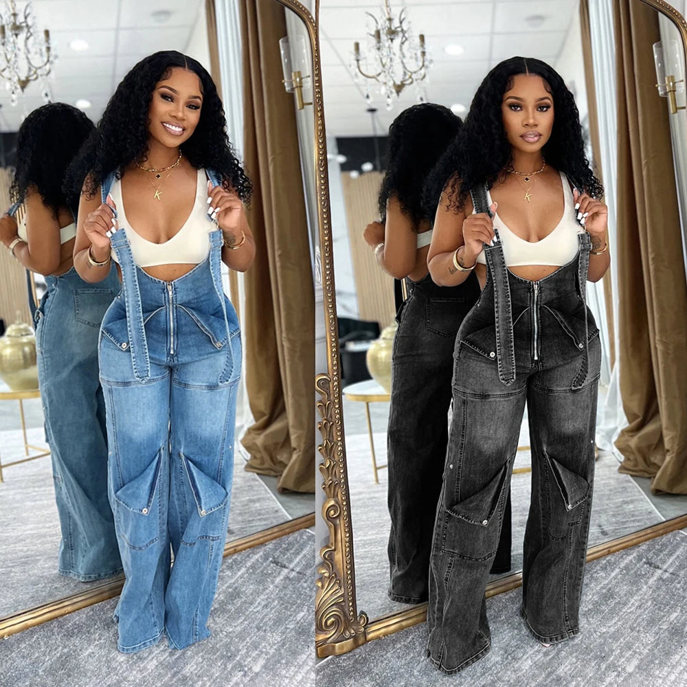 Summer Fashion Loose High Waisted Zip Denim Overalls Women Clothes Multi Pockets Cargo Jeans Trousers Casual Wide Leg Jumpsuits