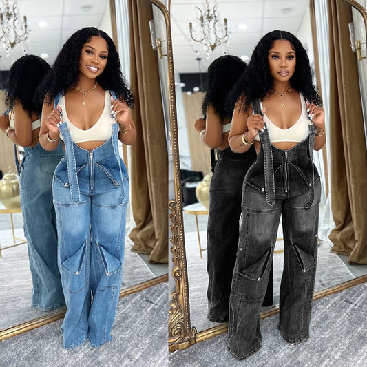 Summer Fashion Loose High Waisted Zip Denim Overalls Women Clothes Multi Pockets Cargo Jeans Trousers Casual Wide Leg Jumpsuits