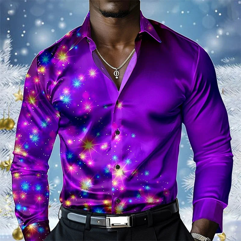 2025 Christmas Men's Christmas Scene Printed Shirt Snowflake Casual Fashion Lapel Button Long Sleeve Party Autumn Shirt XS-6XL