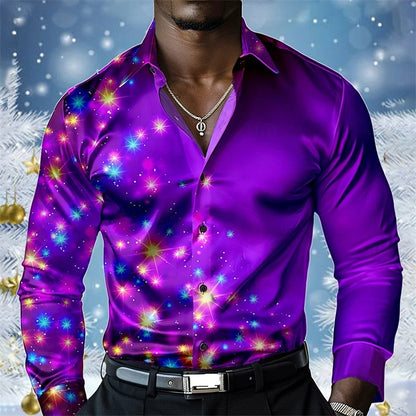 2025 Christmas Men's Christmas Scene Printed Shirt Snowflake Casual Fashion Lapel Button Long Sleeve Party Autumn Shirt XS-6XL
