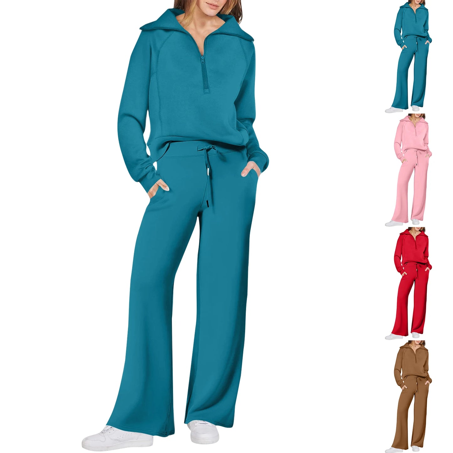 Solid Two-piece set Women Fashion Long Sleeve Zipper Sweater Pullover Tie up Pocket Wide Leg Pant Suit Loose Casual Sport Sets