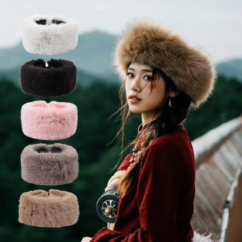Winter Lmitation Fur Thickened Fluffy Headband Plush Solid Color Headwear Outdoor Windproof Ear Warmer Head Cover Ski Cap