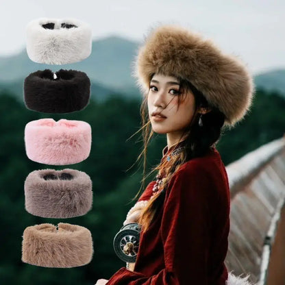 Winter Lmitation Fur Thickened Fluffy Headband Plush Solid Color Headwear Outdoor Windproof Ear Warmer Head Cover Ski Cap