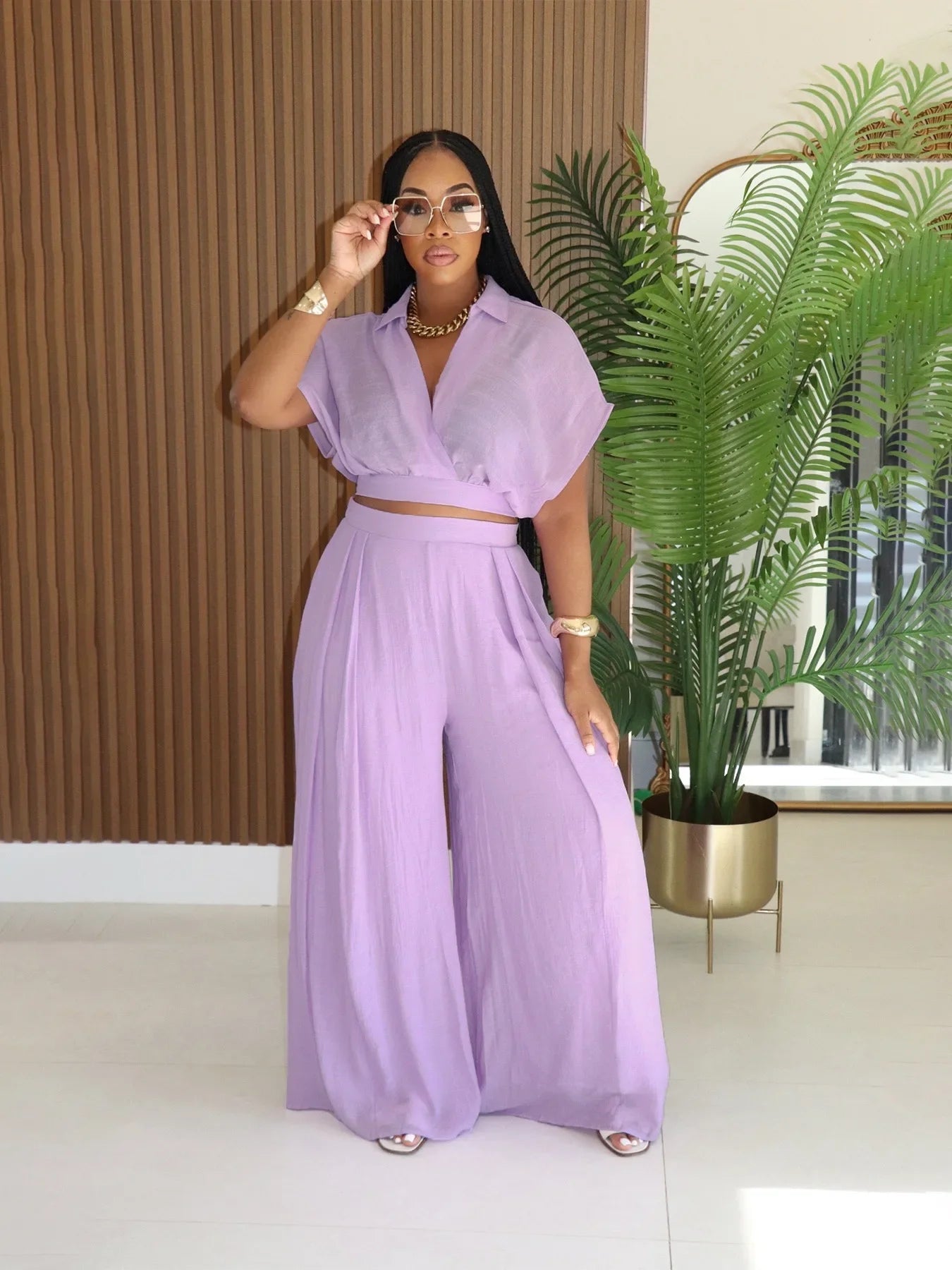 Fashion Summer Women's Set Turn Down Collar Blouse Top and Wide Leg Pants Suit 2025 Two 2 Piece Sets Outfit Tracksuit