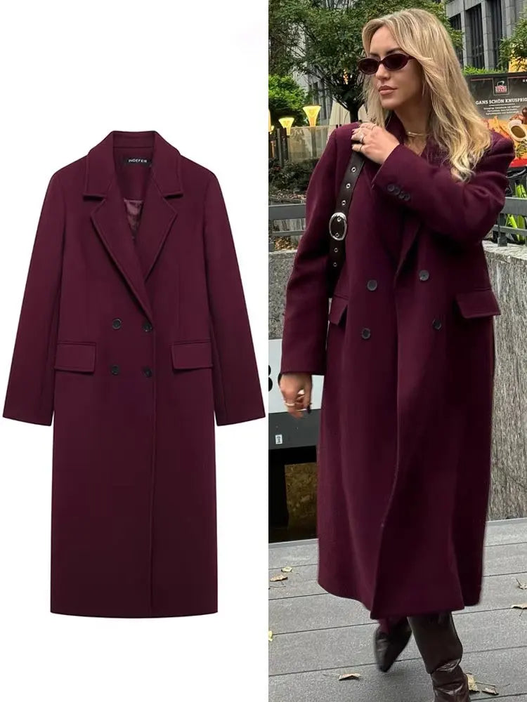 HH Women Fashion Burgundy Woolen Coat Double Breasted Long Sleeve Lapel Blends Jacket Autumn Winter High Street Outerwear