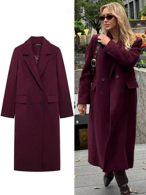HH Women Fashion Burgundy Woolen Coat Double Breasted Long Sleeve Lapel Blends Jacket Autumn Winter High Street Outerwear