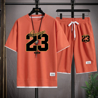 High Quality Men's Korea Comfortable and Summer  Fashion Print Sports Suit Fitness Jogging Daily Casual Wear Beach Shorts Set