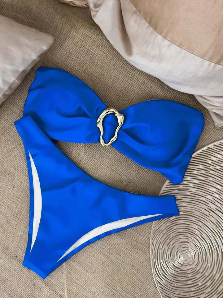 Women Strapless Bikinis Sets Summer Push Up Swimwear Two Pieces Suits Female Sexy Swimsuits Solid Color Lady Backless Beachwear