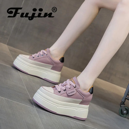 Fujin 9cm Cow Suede Genuine Leather Women Vulcanized Shoes Platform Wedge Skate Boarding High Brand Heels Casual Summer Shoes