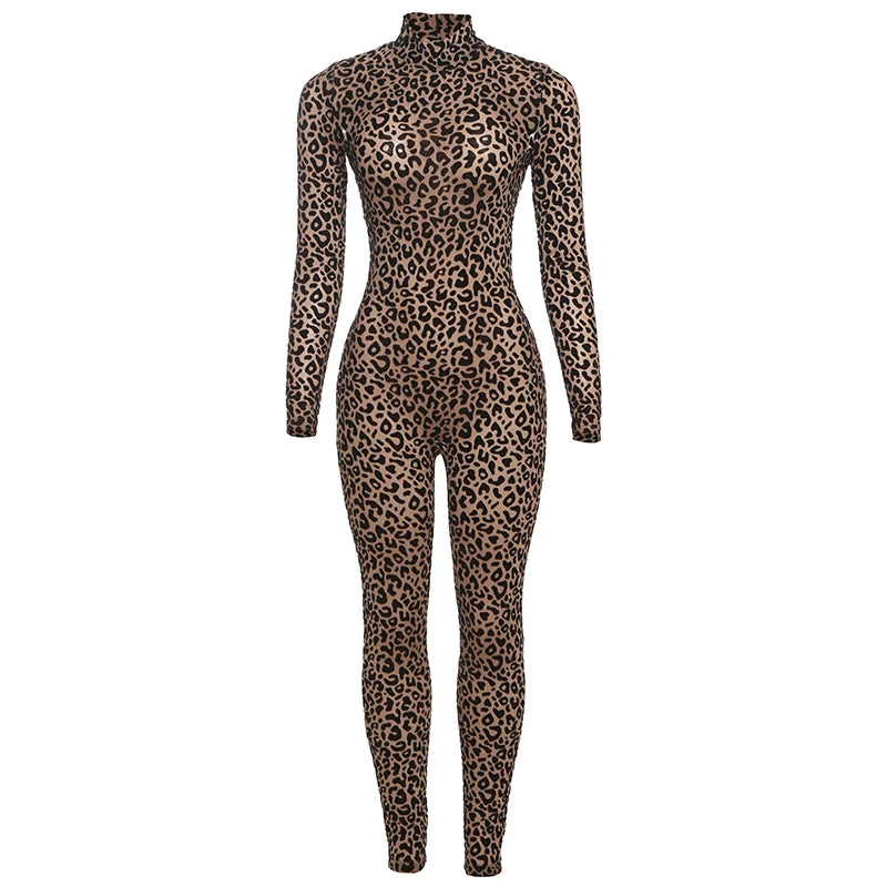Nibber See Through Sexy Leopard Mesh Jumpsuit Women Sexy Hipster Zip Stretch Midnight Workout Autumn Fitness Street Overalls
