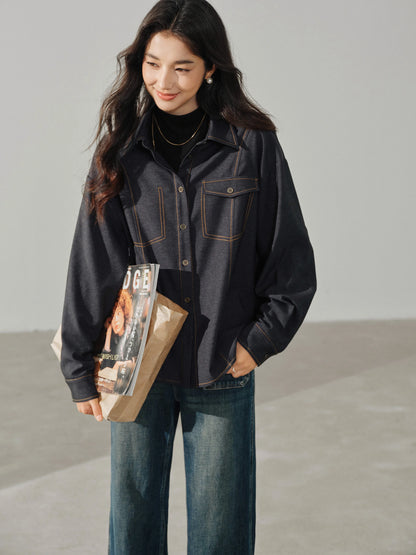 Casual Contrast Stitch Shirt Jacket Loose Long Sleeve Blouse for Women Stylish Collared Overshirt for Autumn Layered Slim Look