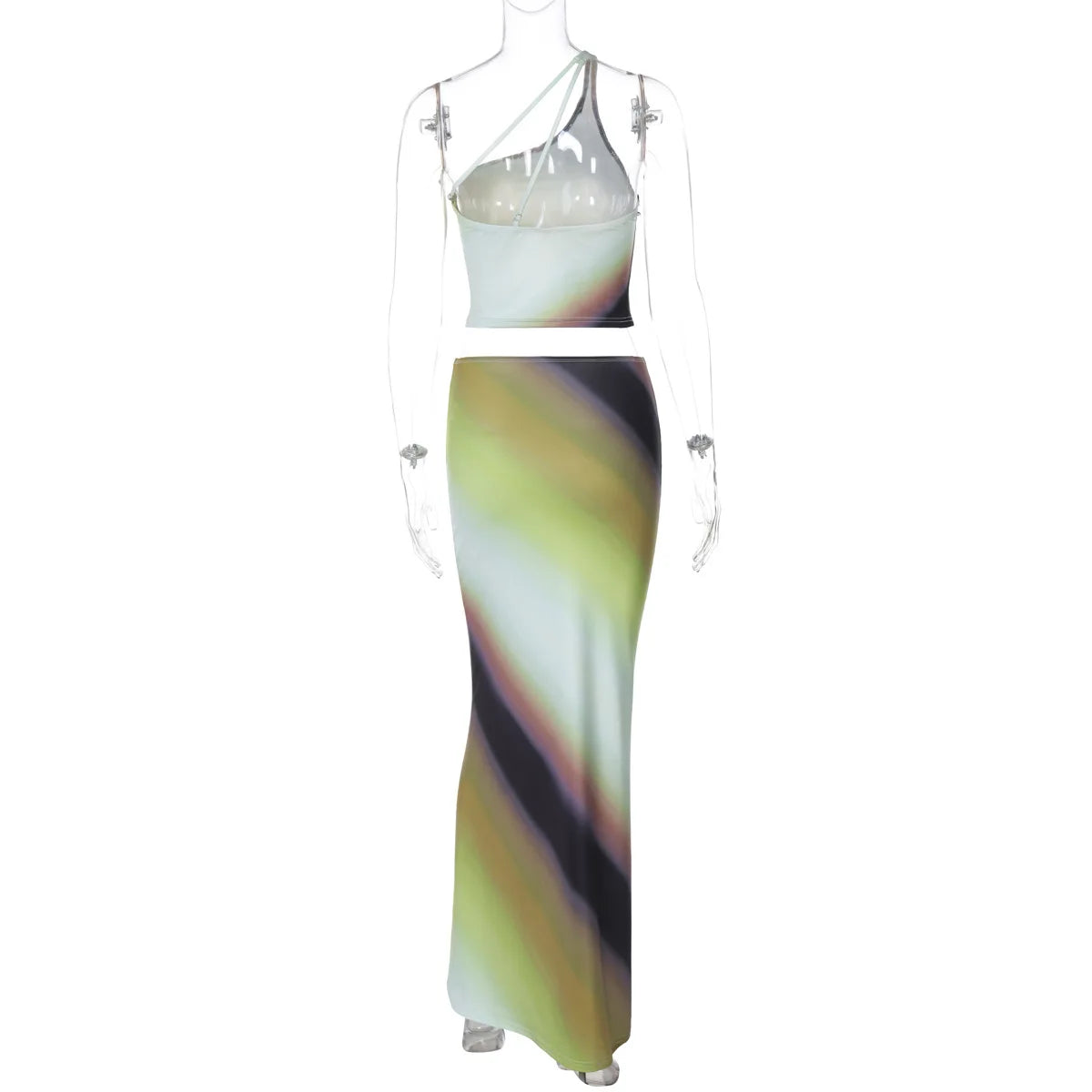 Elegant One Shoulder Green Gradient Color Vacation Beach Dress 2 Piece Set Women One Shoulder Backless Tank Top Long Skirts Suit