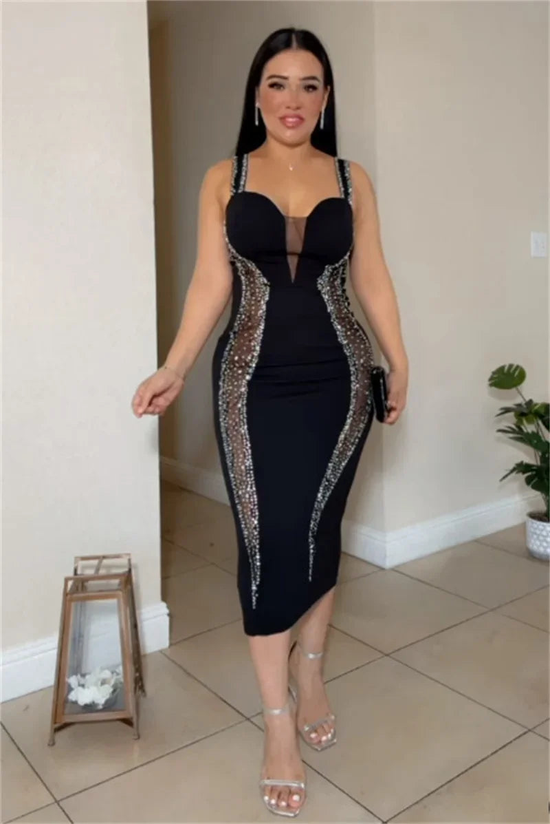 Sexy Spaghetti Strap V-neck Bandage Bodycon Dress Women Elegant Mesh Patchwork Diamonds Cocktail Party Dresses Vestidos Midi