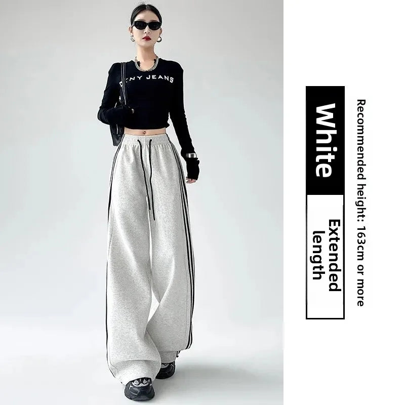 Black Striped Sports Pants Women's Spring Autumn Wide Leg Casual Loose High Waist Straight Leg Sweatpants