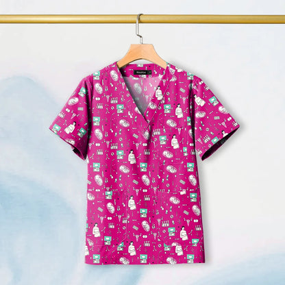 Hot Sales V-Neck Printed Scrub Tops for Women Men Nurse Uniform 100% Cotton Breathable Scrubs Uniforms Medical Blouses Wholesale