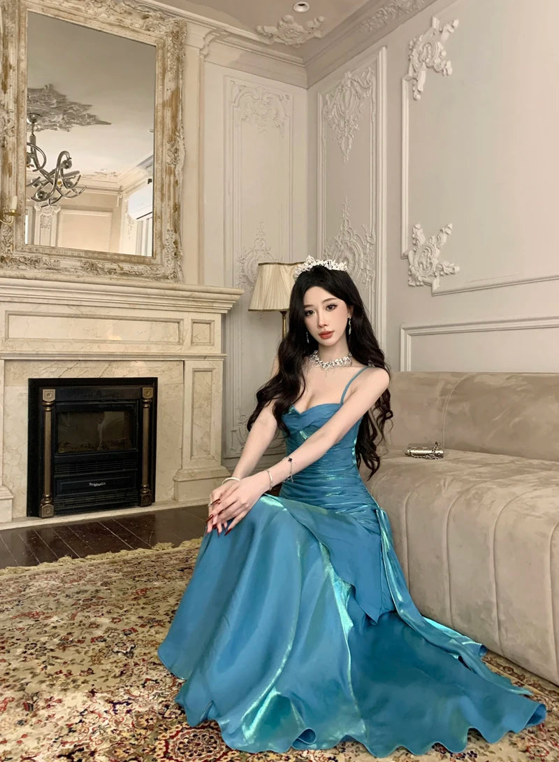 Sexy Solid Spaghetti Strap Sleeveless Evening Dresses Elegant Ruffles Party Long Dress For Women Summer Slim Beach New Vestidos