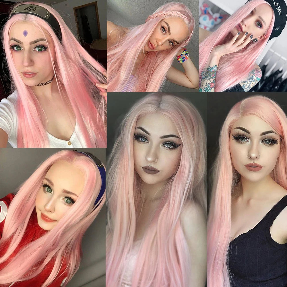 Light Pink Lace Wig 13x4 Long Straight Synthetic Lace Front Wigs for Women Heat Resistant Natural Hairline Daily Cosplay Party