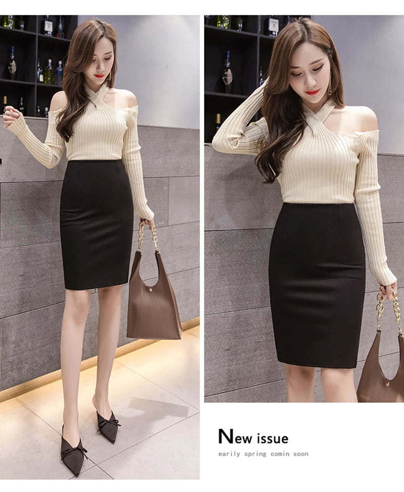 Basic OL Back Split Slim Skirt for Women, Korean Fashion, Bodycon Pencil Office, Elegant Black Knee Length, HighWaist Shirts,