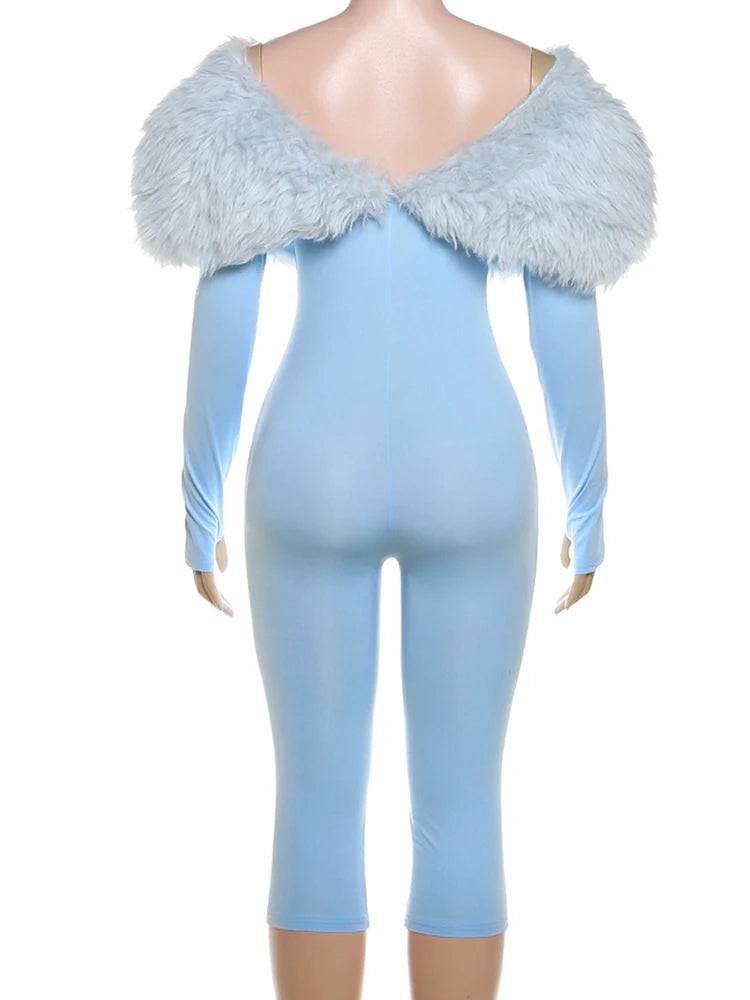 Sisterlinda Furry Patchwork Jumpsuit Woman Slash Neck Sexy Hollow Full Sleeve Backless Peach Hip Hottie Street Fashion Overalls