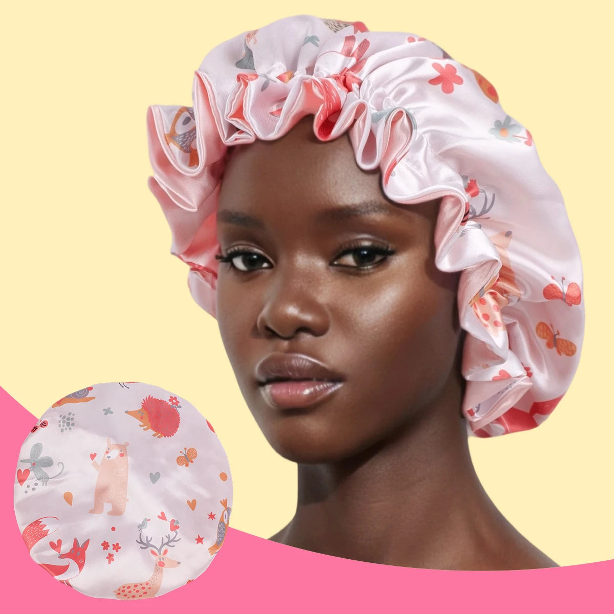 1 Piece Satin Silk Sleep Cap with Fruit Animal Print Double Layer Comfortable for Daily Use