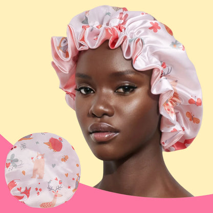 1 Piece Satin Silk Sleep Cap with Fruit Animal Print Double Layer Comfortable for Daily Use