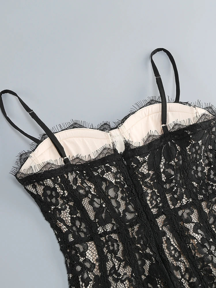 Sexy Spaghetti Strap V Neck Lace Long Dress Women Black Floral Lace Sleeveless Bodycon Dresses Elegant Evening Celebrity Party