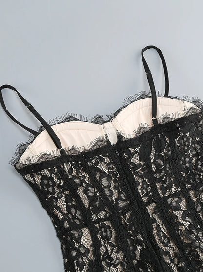 Sexy Spaghetti Strap V Neck Lace Long Dress Women Black Floral Lace Sleeveless Bodycon Dresses Elegant Evening Celebrity Party