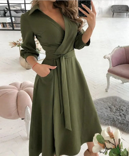 Spring Autumn Fashion Office Ruched Dress Long-sleeved V-neck Red Black Blue Bag Hip Dress Women's Clothing Dress for Women
