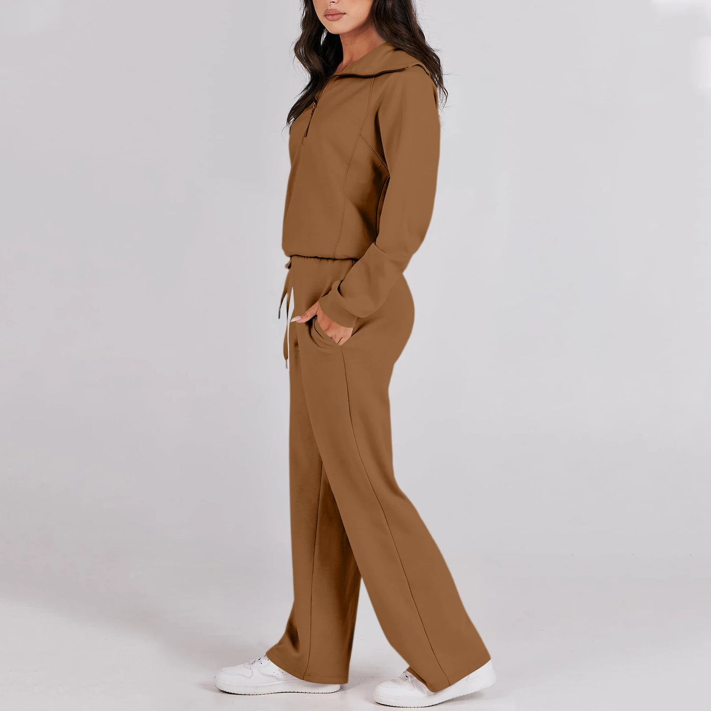 Solid Two-piece set Women Fashion Long Sleeve Zipper Sweater Pullover Tie up Pocket Wide Leg Pant Suit Loose Casual Sport Sets