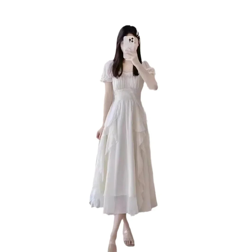 French Style White Fairy Dress Women's Summer 2025 New Super Fairy Princess Gown Gentle Wind Long Skirt Elegant Sensation