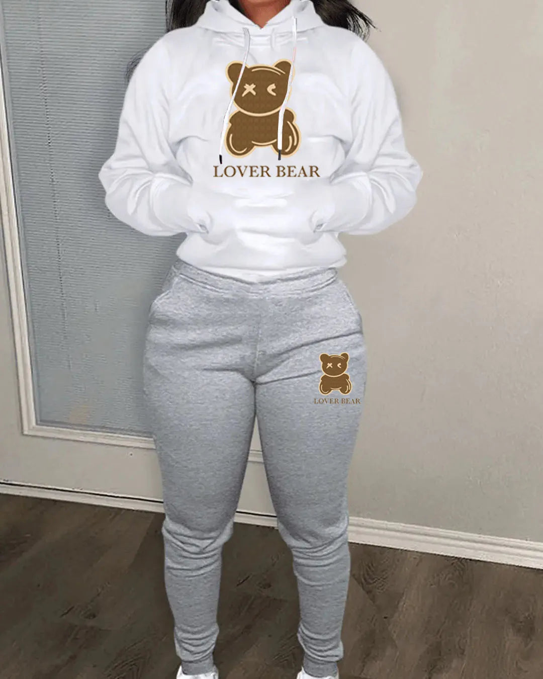 2 Piece Set Women Outfit Letter Bear Print Hooded Neck Hoodies Sweatshirt Pants Tracksuit 2024 Plus Size Streetwear Casual Suit