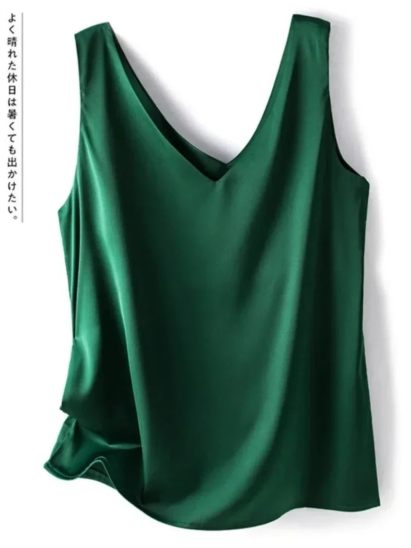 Woman T-shirts Elegant SILK Satin Blouse Sleeveless Female Summer 2026 Casual Loose Tanks and Camis Solid Green Tops for Women