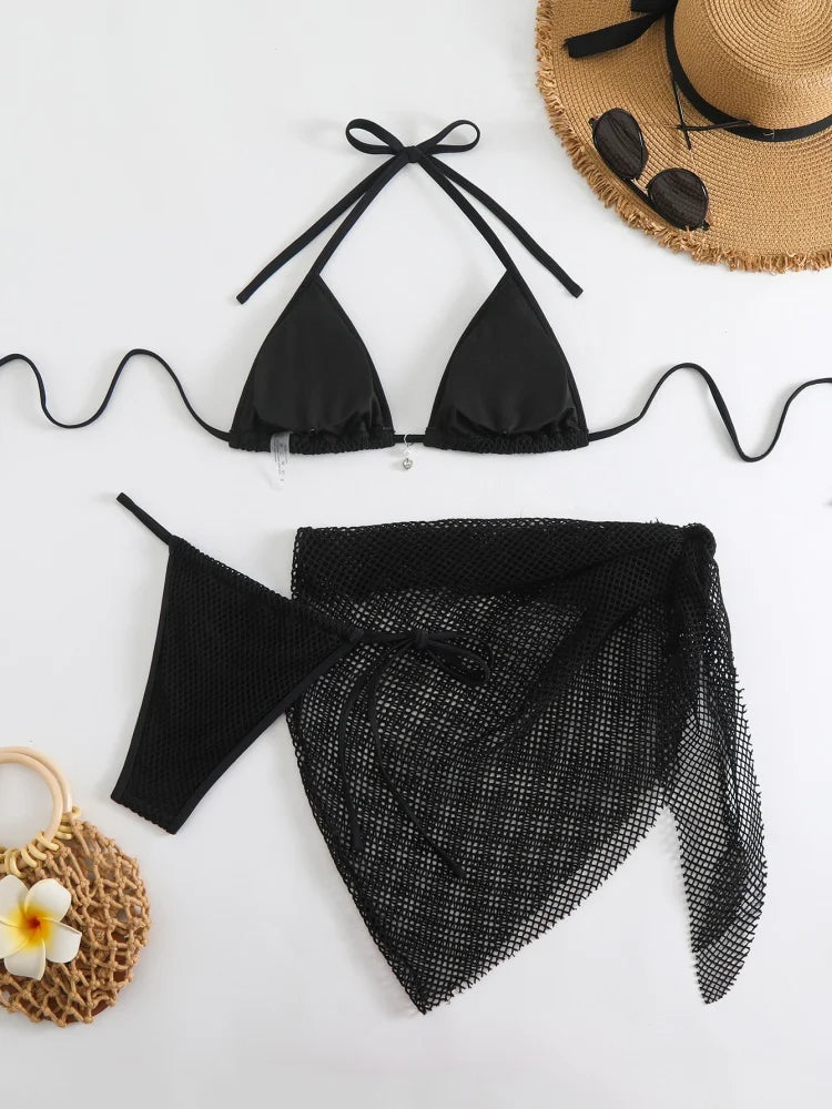 Bikini Women Swimsuit 2026 New Black Halter Lace Up Mesh Bikinis Set Sexy Swimwear Summer Three Piece Beach Bathing Suit Female