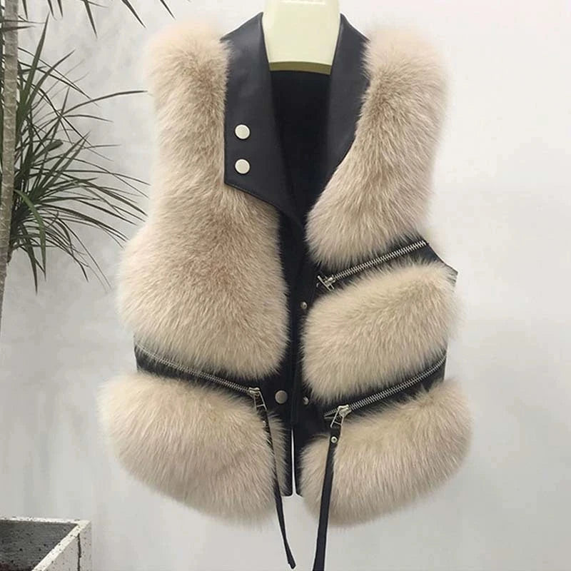 Autumn Winter Splicing Imitation Fox Fur Grass Vest Women Short Jacket 2025New Fashion Versatile Sleeveless Lady Waistcoat Coat