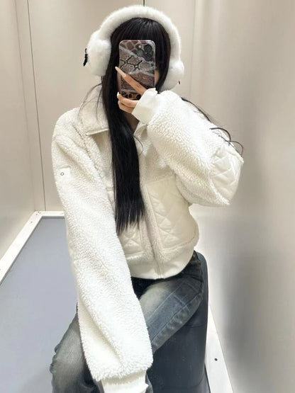 Lamb's Wool Winter Jacket Women Fashion Thickened Stand Collar Short Jacket High Street Black White Zipper Jackets for Women