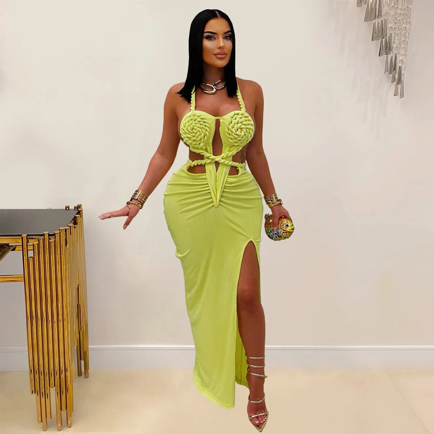 Women's Hollow Out Sleeveless Sexy Knitted Halter Neck Backless Solid Color Dress for Summer 2025