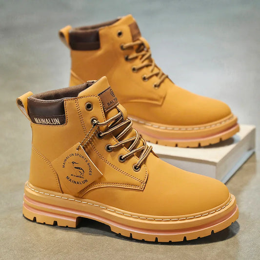 Classic Men High Top Boots High Quality Yellow Leather Boots Fashion Outdoor Sneakers Men Lace Up Non-Slip Ankle Boots for Men
