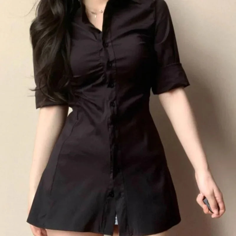 Slimming Smoothing Sexy Shirt Dress For Women Niche Design Sensibility Waist-fitted Medium-length Dress By Gao Qi Gao Jie