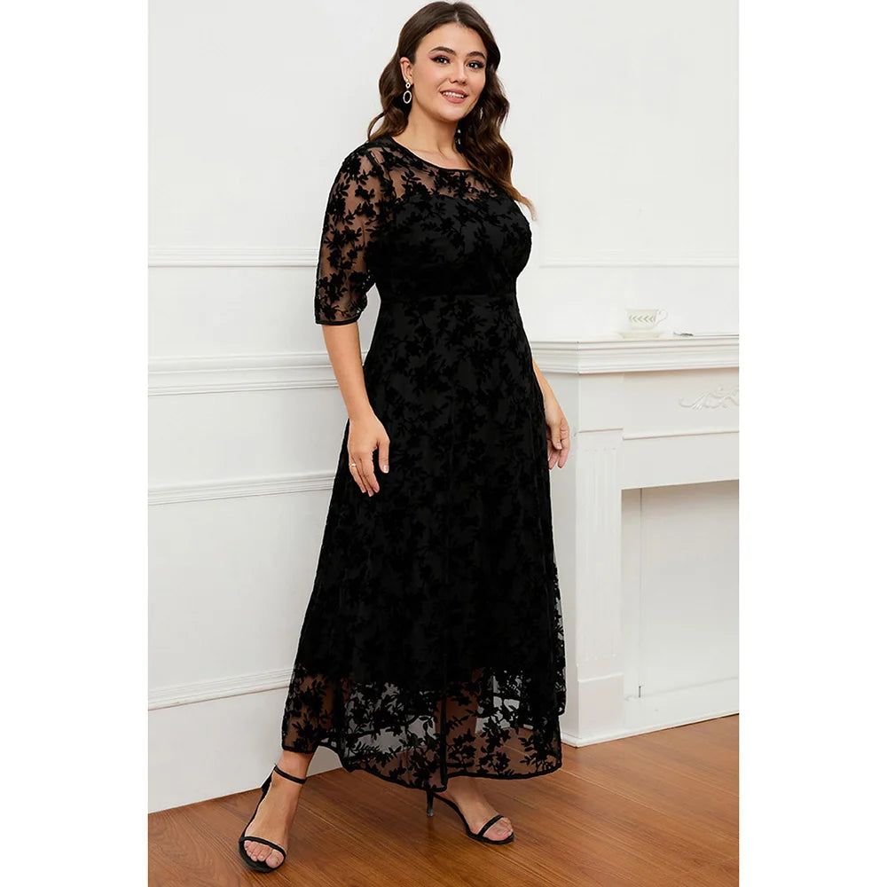 Plus Size Formal Black Lace Flocking Mesh Velvet Double Layer Tunic Maxi Dress Round Neck Long Dress