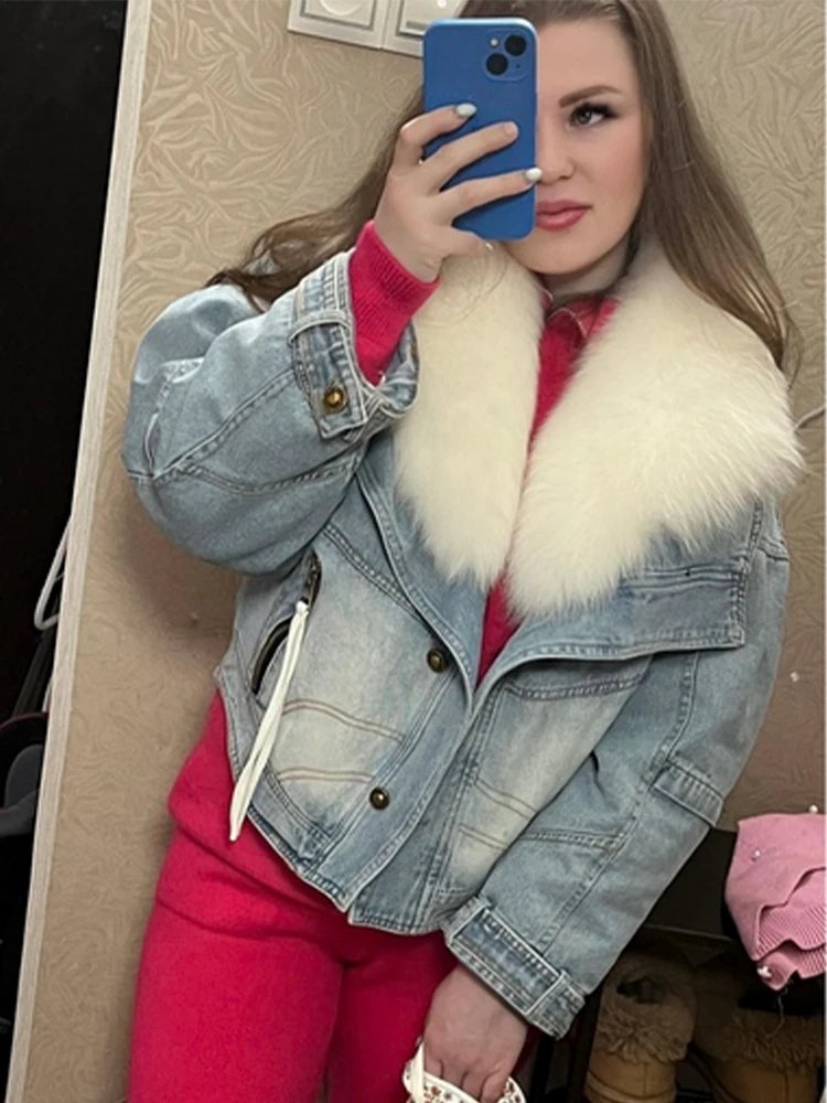 Womens Coats Spring New 100%Natural Real Fox Fur Collar Fashion Short Denim Jacket Luxury Goose Down Puffer Jackets Clothing