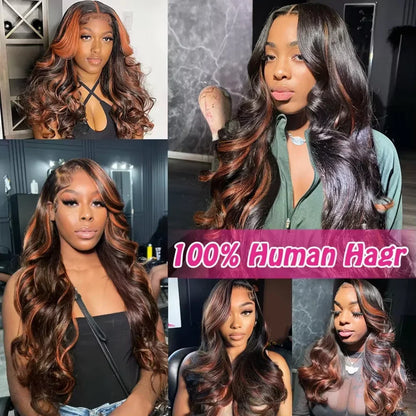 100% Human Hair 46 Inch FB 30 Body Wave Wigs Highlight Colored Brazilian Hair Wig 13x6 HD Transparent Lace Frontal Wig For Women