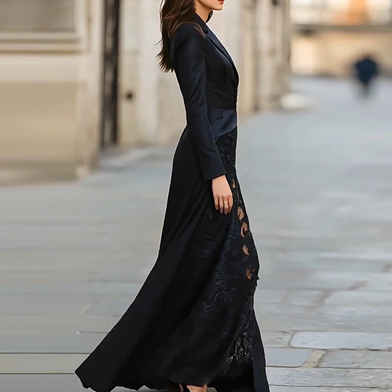 Elegant Solid Formal Occasion Outfit Autumn Women's Lapel Button Top and Skirt Two Piece Set Lace Patchwork Slim Fit Party Suit