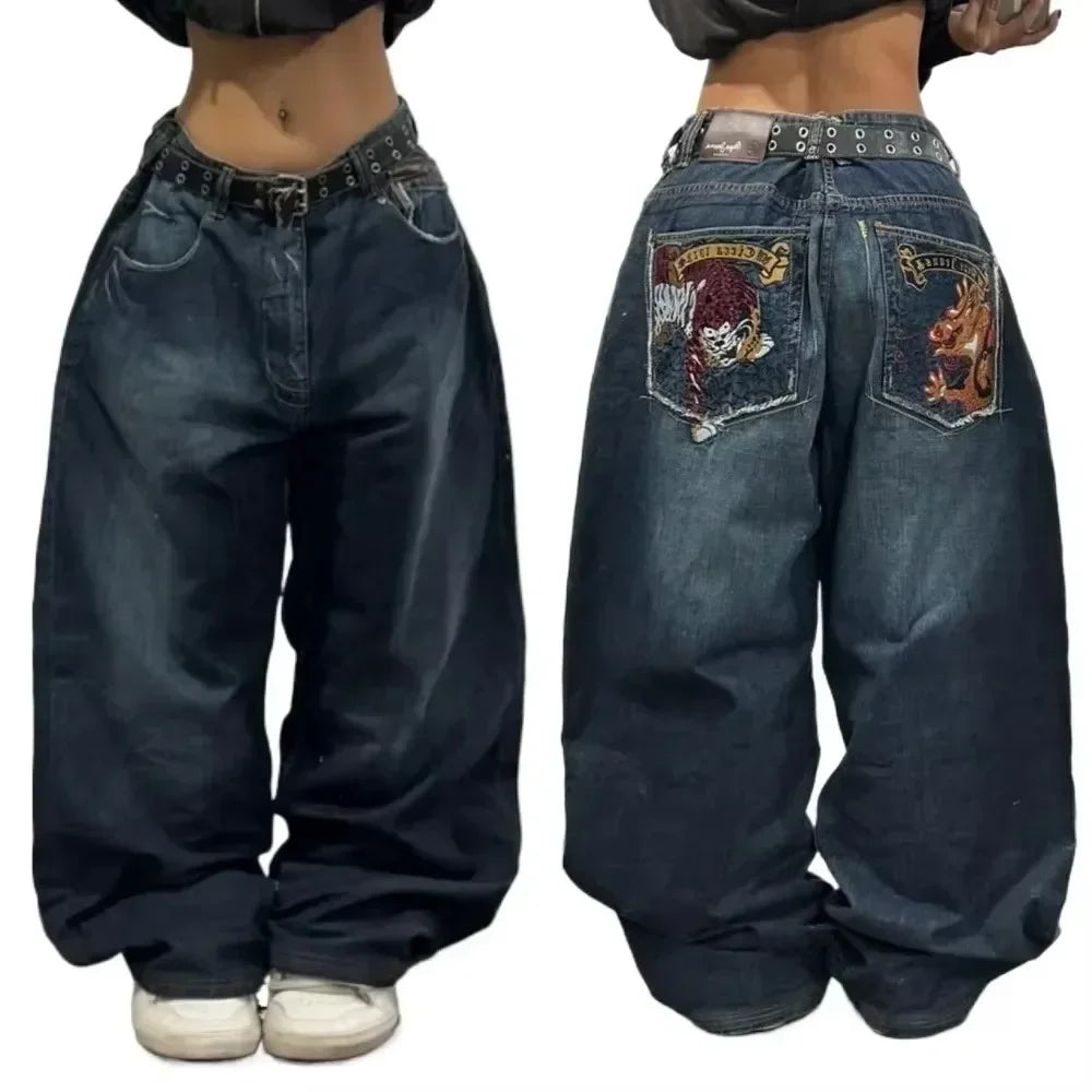 Y2K Best Selling Explosions Men and Women With Retro Embroidery Baggy Jeans Harajuku Rock Hip-Hop Casual Joker Wide Trousers
