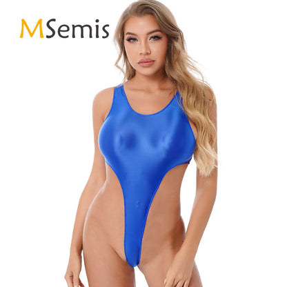 Womens Swimsuit 2022 New Glossy One-piece Swimming Bathing Suit Backless High Cut Bodysuit Sportwear Beachwear Swimwear