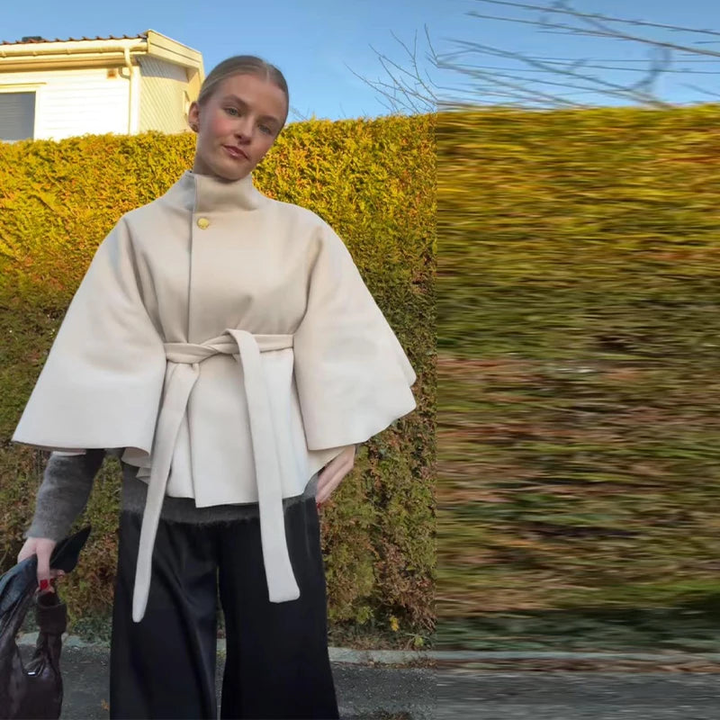 Elegant Fleece Women's Coats Solid Stand Long Sleeve Belted Lace-Up Button Jackets 2025 Autumn Winter Outerwear Female Tops